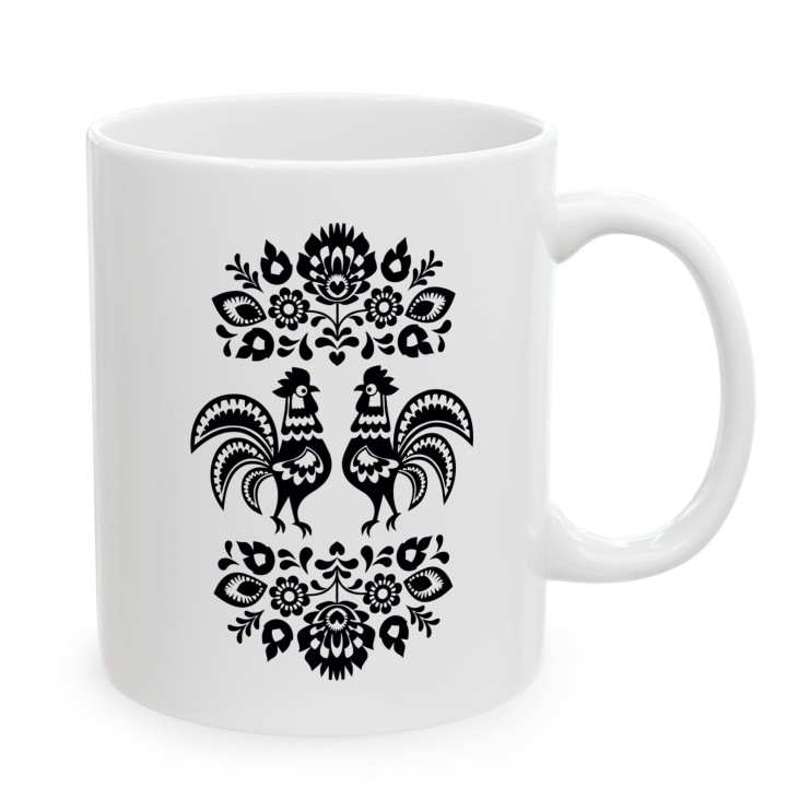 Kubek z nadrukiem folkowe koguty – czarna wycinanka, motyw ludowy
