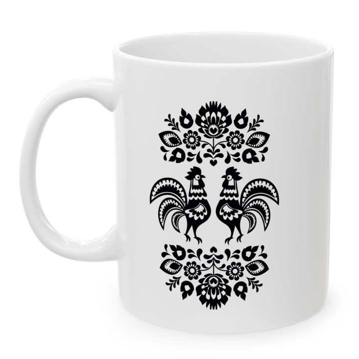 Kubek z nadrukiem folkowe koguty – czarna wycinanka, motyw ludowy