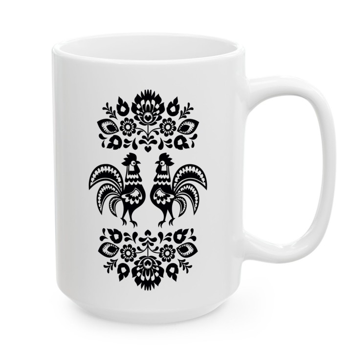 Kubek z nadrukiem folkowe koguty – czarna wycinanka, motyw ludowy