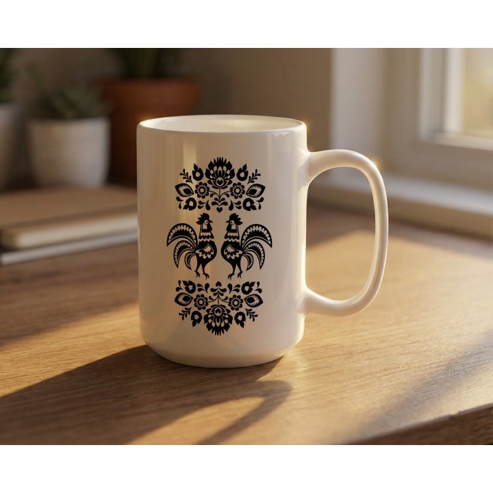 Kubek z nadrukiem folkowe koguty – czarna wycinanka, motyw ludowy