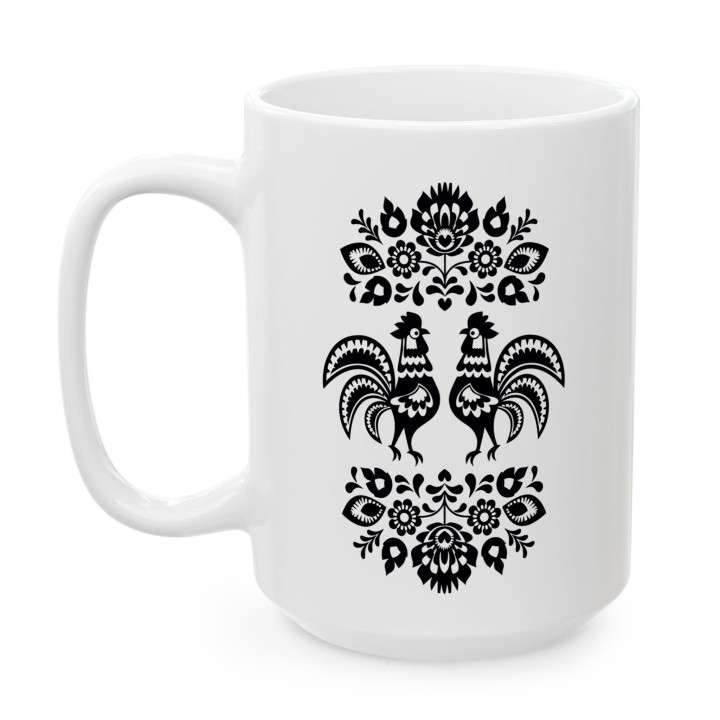 Kubek z nadrukiem folkowe koguty – czarna wycinanka, motyw ludowy