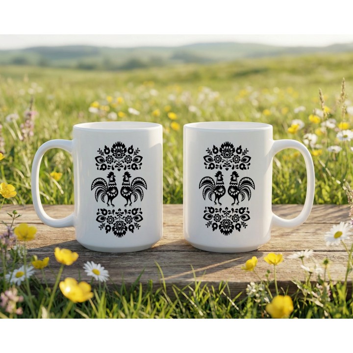 Kubek z nadrukiem folkowe koguty – czarna wycinanka, motyw ludowy