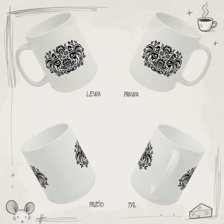 Kubek z nadrukiem folkowy ornament z kogutami – polska wycinanka