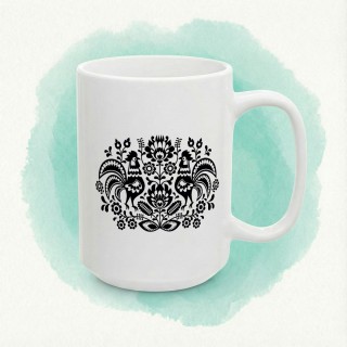 Kubek z nadrukiem folkowy ornament z kogutami – polska wycinanka