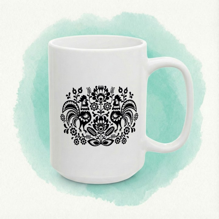 Kubek z nadrukiem folkowy ornament z kogutami – polska wycinanka