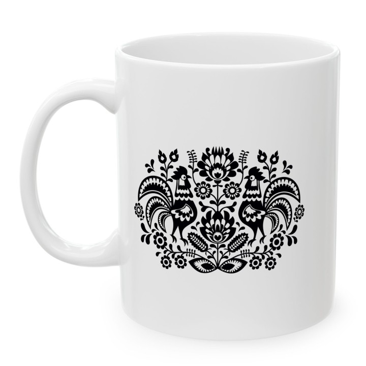 Kubek z nadrukiem folkowy ornament z kogutami – polska wycinanka