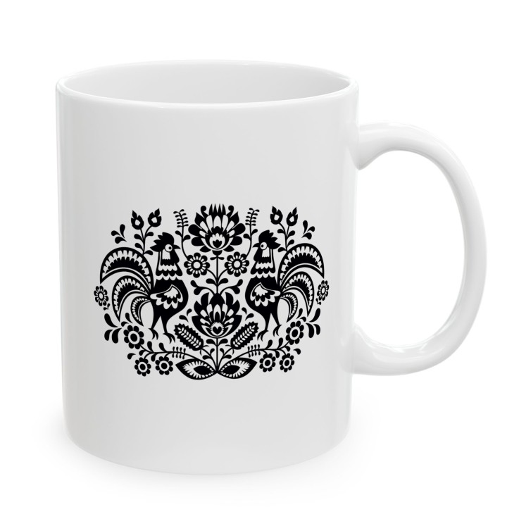 Kubek z nadrukiem folkowy ornament z kogutami – polska wycinanka