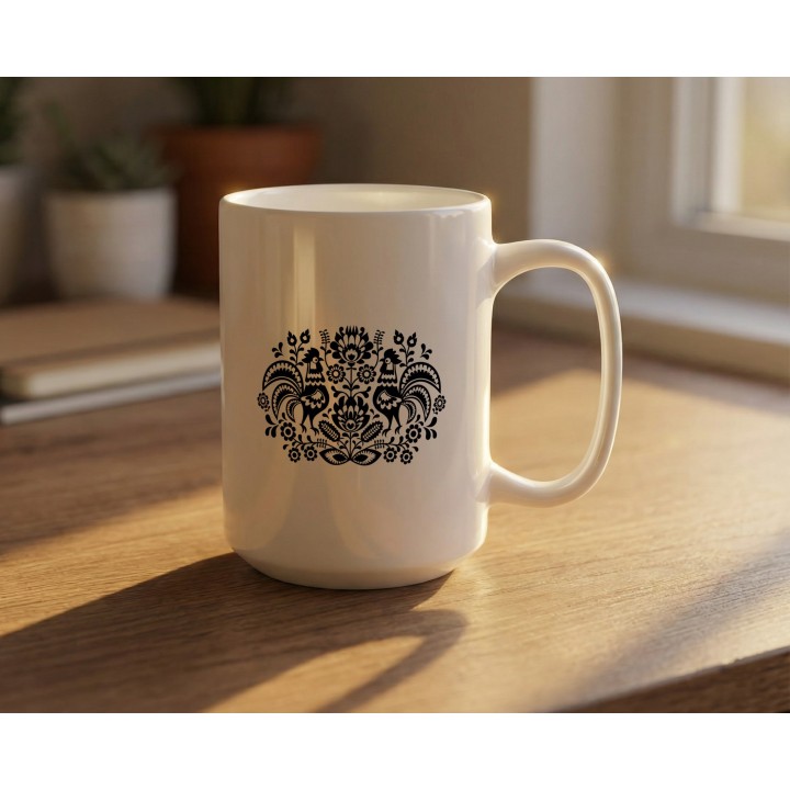 Kubek z nadrukiem folkowy ornament z kogutami – polska wycinanka