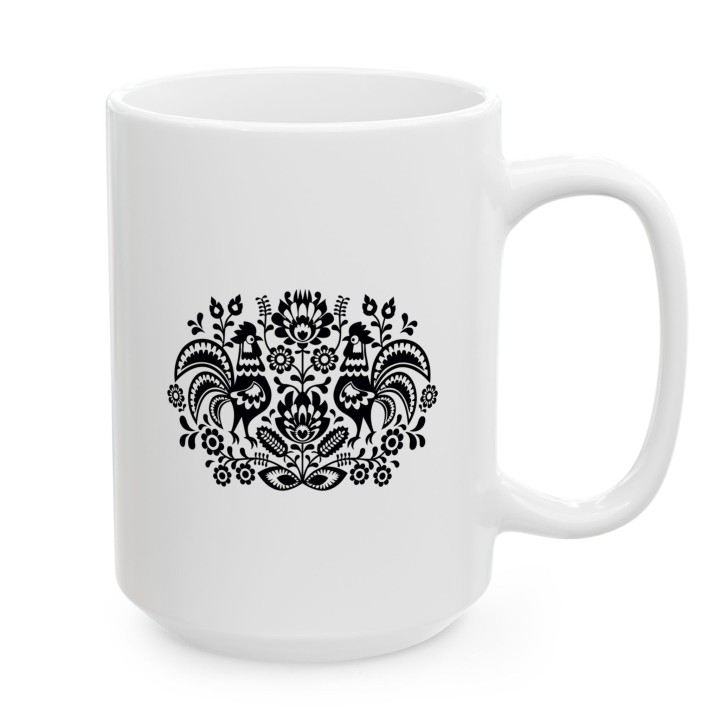 Kubek z nadrukiem folkowy ornament z kogutami – polska wycinanka