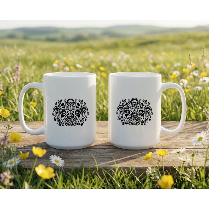 Kubek z nadrukiem folkowy ornament z kogutami – polska wycinanka