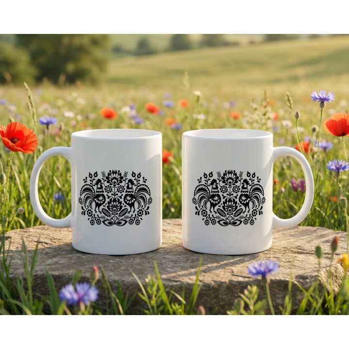 Kubek z nadrukiem folkowy ornament z kogutami – polska wycinanka