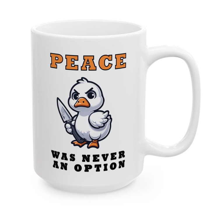 Kubek „Peace was never an option” – kaczka z nożem, memiczny humor