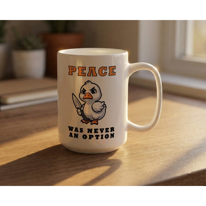 Kubek „Peace was never an option” – kaczka z nożem, memiczny humor