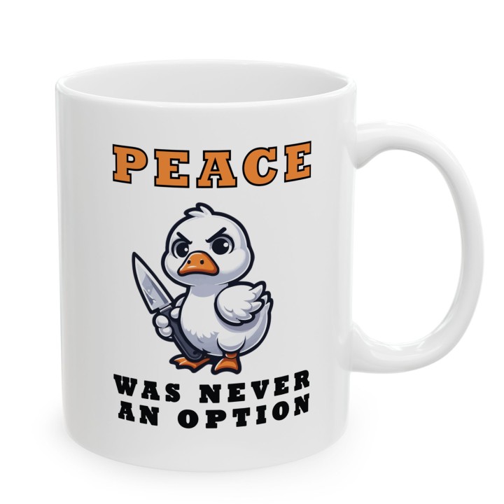 Kubek „Peace was never an option” – kaczka z nożem, memiczny humor