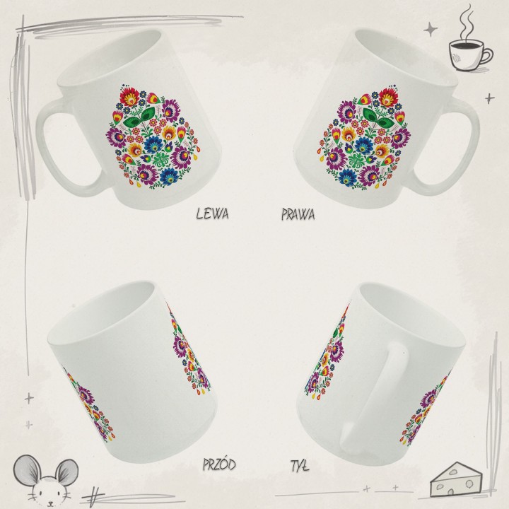 Kubek z nadrukiem folk łowicki - kolorowe kwiaty, wycinanka ludowa, polski folklor