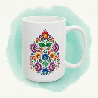 Kubek z nadrukiem folk łowicki - kolorowe kwiaty, wycinanka ludowa, polski folklor