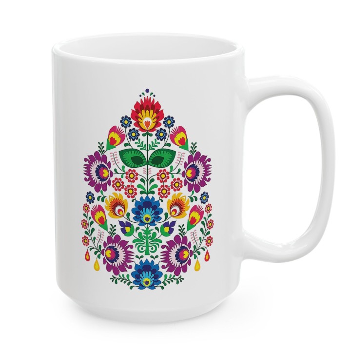 Kubek z nadrukiem folk łowicki - kolorowe kwiaty, wycinanka ludowa, polski folklor