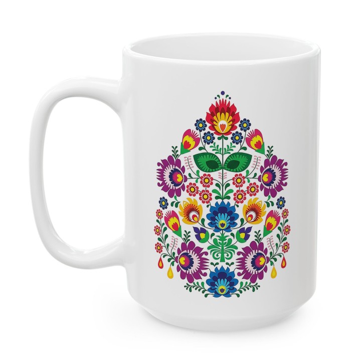 Kubek z nadrukiem folk łowicki - kolorowe kwiaty, wycinanka ludowa, polski folklor