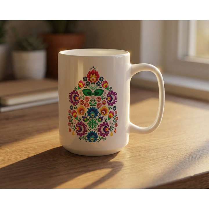 Kubek z nadrukiem folk łowicki - kolorowe kwiaty, wycinanka ludowa, polski folklor
