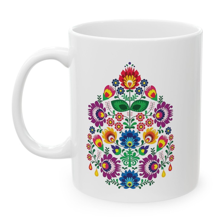 Kubek z nadrukiem folk łowicki - kolorowe kwiaty, wycinanka ludowa, polski folklor