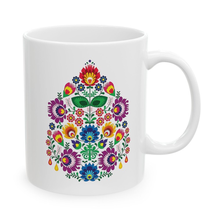 Kubek z nadrukiem folk łowicki - kolorowe kwiaty, wycinanka ludowa, polski folklor