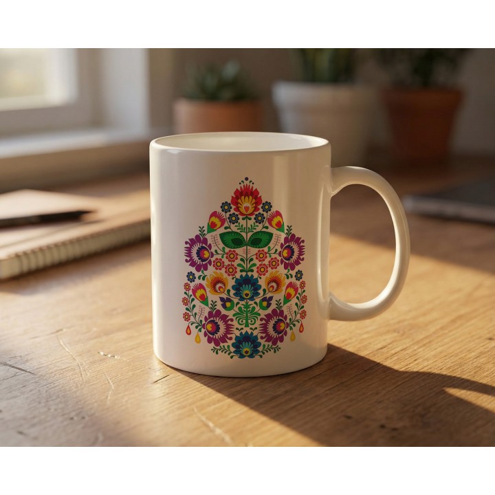 Kubek z nadrukiem folk łowicki - kolorowe kwiaty, wycinanka ludowa, polski folklor