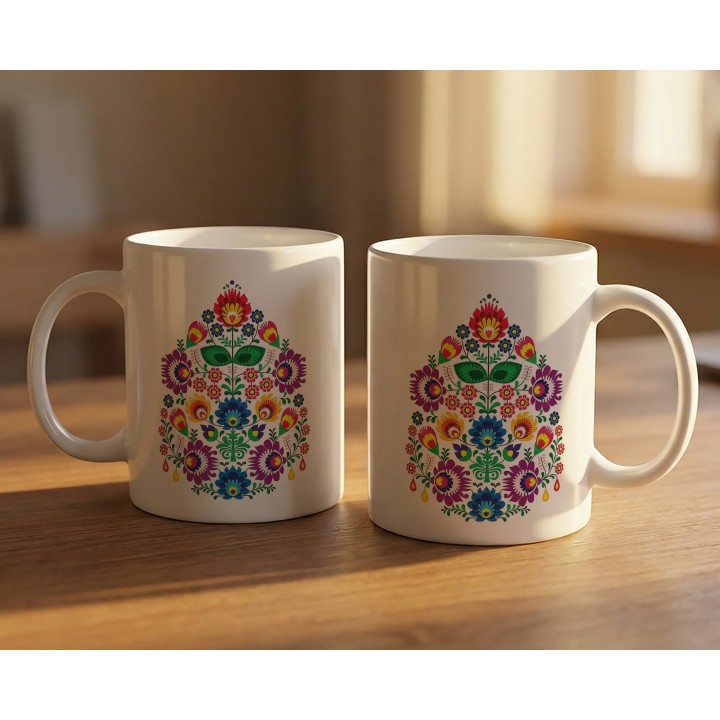 Kubek z nadrukiem folk łowicki - kolorowe kwiaty, wycinanka ludowa, polski folklor