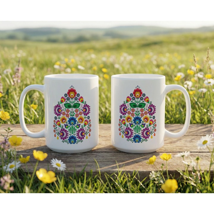 Kubek z nadrukiem folk łowicki - kolorowe kwiaty, wycinanka ludowa, polski folklor