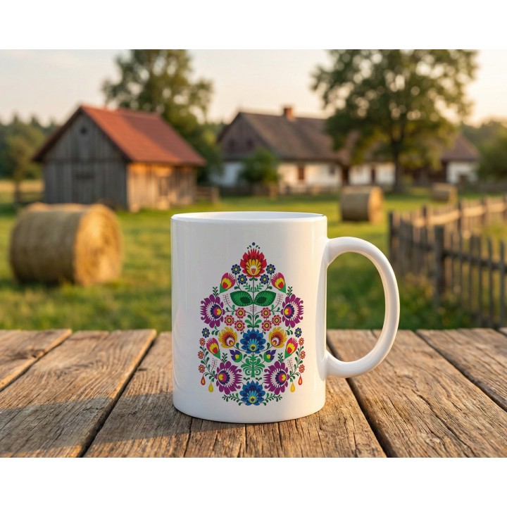 Kubek z nadrukiem folk łowicki - kolorowe kwiaty, wycinanka ludowa, polski folklor