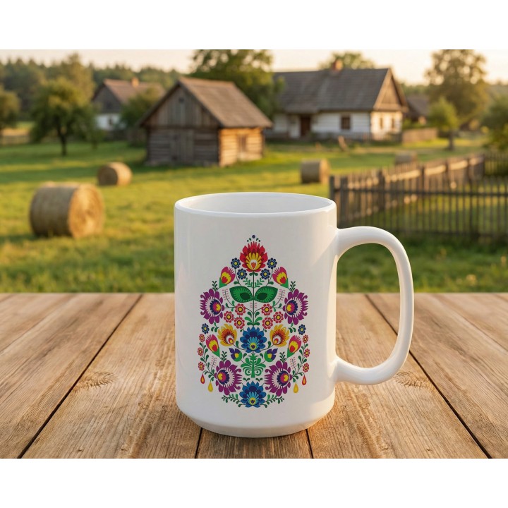 Kubek z nadrukiem folk łowicki - kolorowe kwiaty, wycinanka ludowa, polski folklor