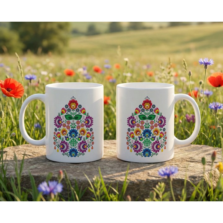 Kubek z nadrukiem folk łowicki - kolorowe kwiaty, wycinanka ludowa, polski folklor