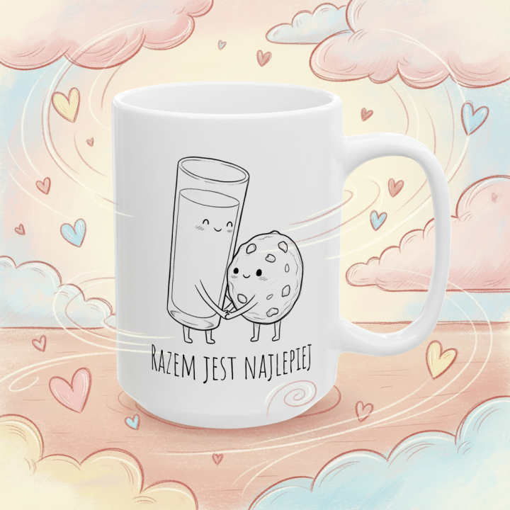 Kubek z nadrukiem „Razem jest najlepiej” – mleko i ciasteczko