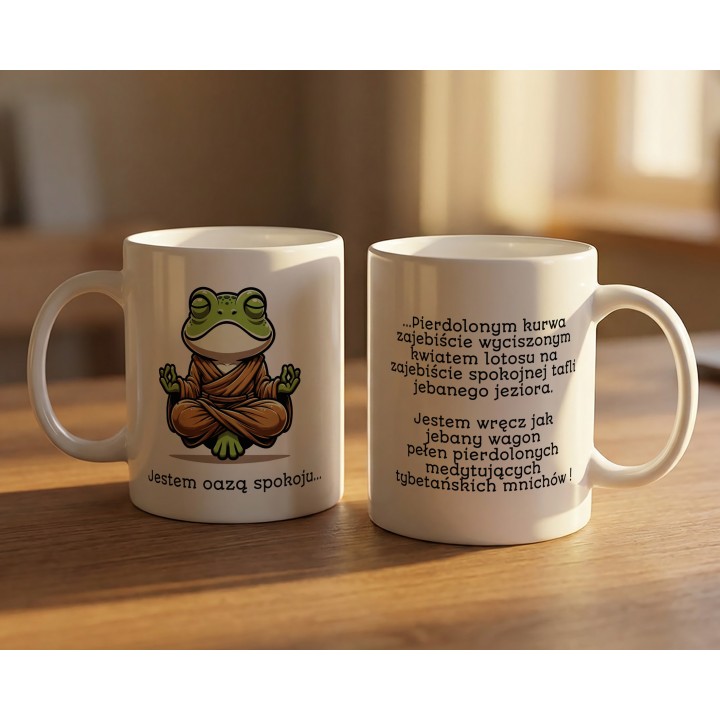 Kubek „Jestem oazą spokoju” – żaba zen, humor biurowy, dystans