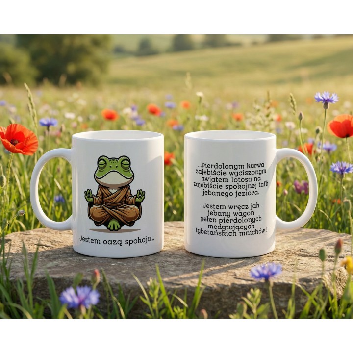 Kubek „Jestem oazą spokoju” – żaba zen, humor biurowy, dystans