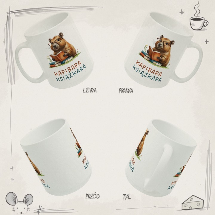 Kubek z nadrukiem Kapibara Książkara – zabawny prezent dla książkoholika