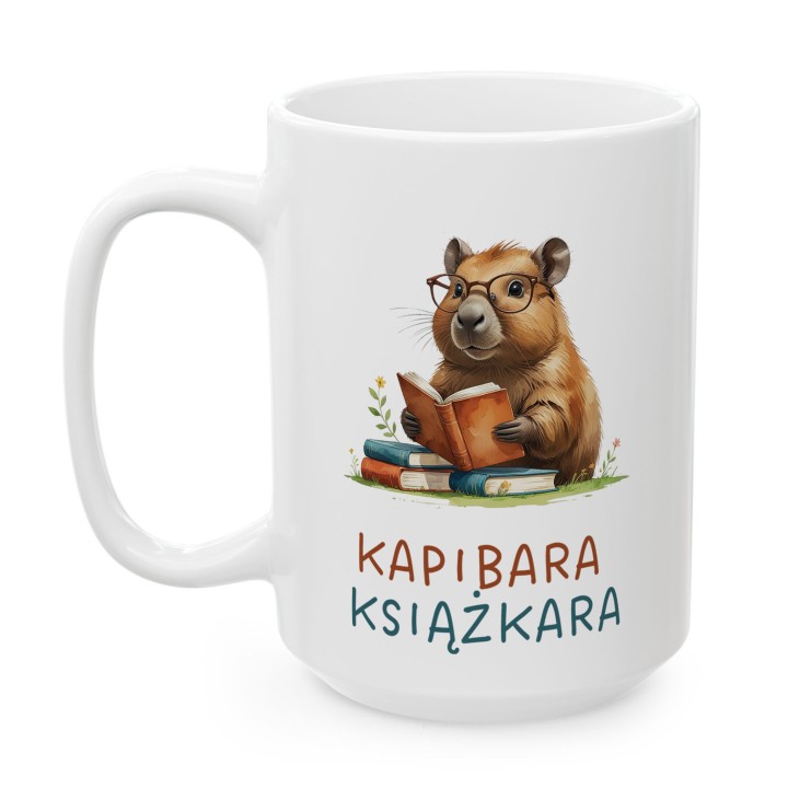 Kubek z nadrukiem Kapibara Książkara – zabawny prezent dla książkoholika