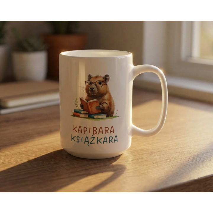 Kubek z nadrukiem Kapibara Książkara – zabawny prezent dla książkoholika