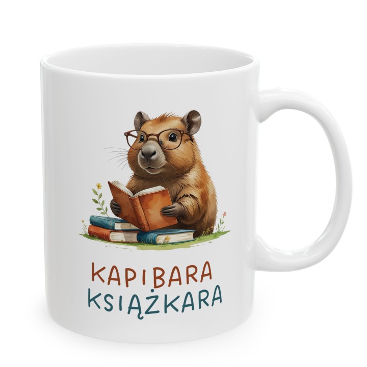 Kubek z nadrukiem Kapibara Książkara – zabawny prezent dla książkoholika