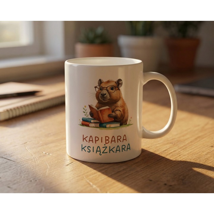 Kubek z nadrukiem Kapibara Książkara – zabawny prezent dla książkoholika