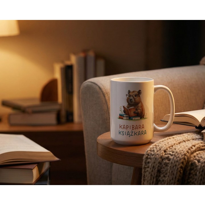 Kubek z nadrukiem Kapibara Książkara – zabawny prezent dla książkoholika