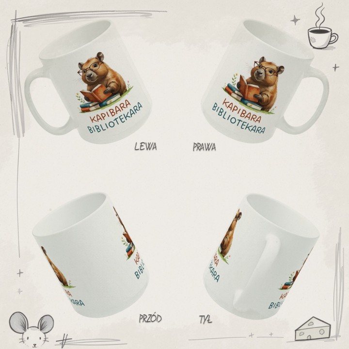 Kubek z nadrukiem Kapibara Bibliotekara – śmieszny prezent dla bibliotekarki