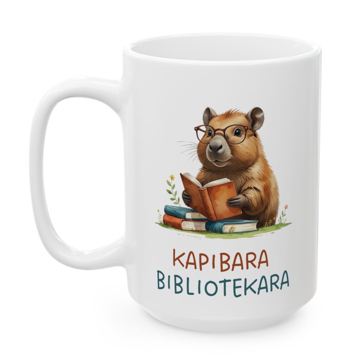 Kubek z nadrukiem Kapibara Bibliotekara – śmieszny prezent dla bibliotekarki