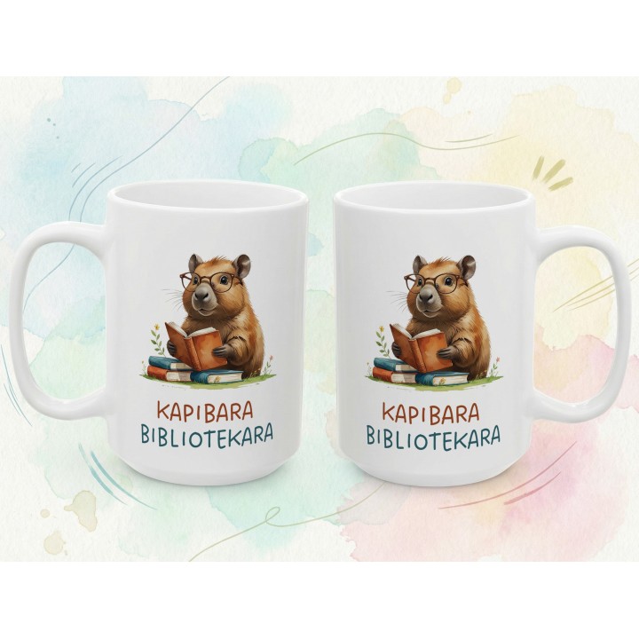 Kubek z nadrukiem Kapibara Bibliotekara – śmieszny prezent dla bibliotekarki
