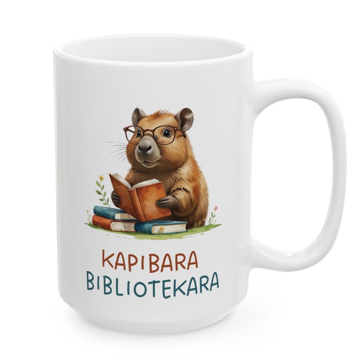 Kubek z nadrukiem Kapibara Bibliotekara – śmieszny prezent dla bibliotekarki
