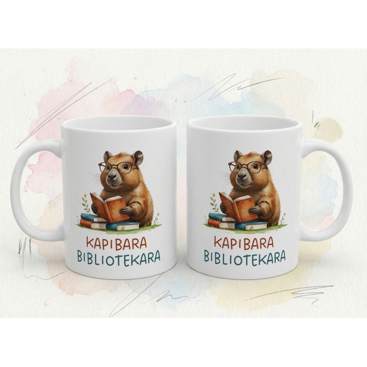 Kubek z nadrukiem Kapibara Bibliotekara – śmieszny prezent dla bibliotekarki
