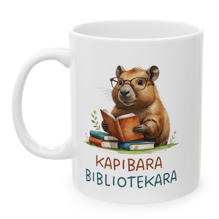 Kubek z nadrukiem Kapibara Bibliotekara – śmieszny prezent dla bibliotekarki