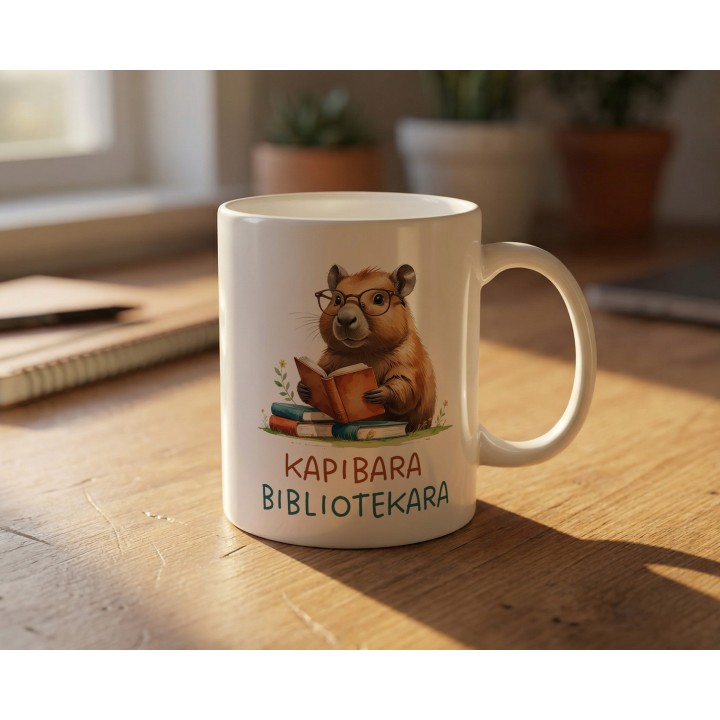 Kubek z nadrukiem Kapibara Bibliotekara – śmieszny prezent dla bibliotekarki