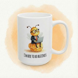 Kubek z nadrukiem „I’m here to do buzziness” – pszczółka w garniaku