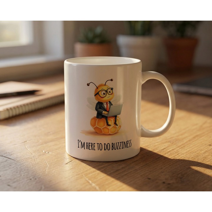 Kubek z nadrukiem I’m here to do buzziness – pszczoła, praca , humor