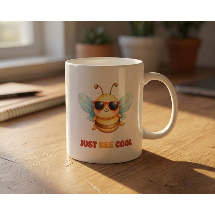 Kubek z nadrukiem Just Bee Cool – zabawna pszczółka, luz, prezent z humorem